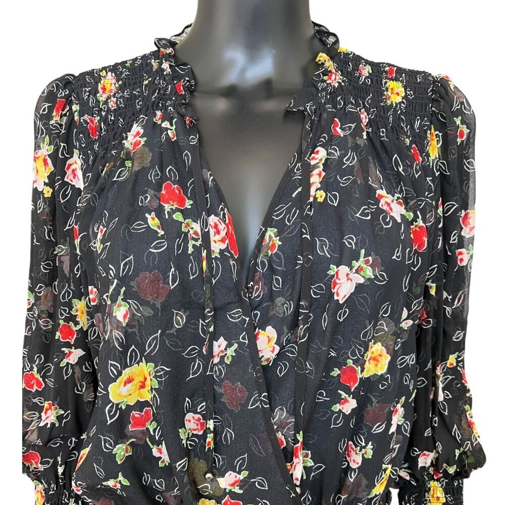 Veronica Beard  Armeria Black Floral Silk Wrap Dress Size 8 Ruched Ruffle Mini - Picture 4 of 8
